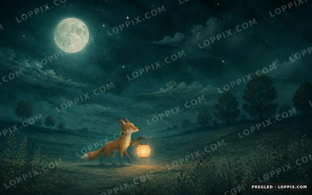 Ravni prikaz motiva Lisica nosi lampion — svjetlo lampiona
